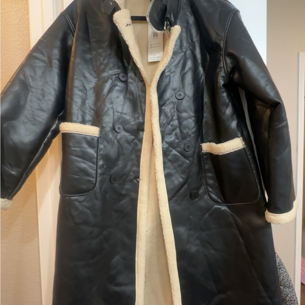 SHEIN Black Leather Jacket with Cream Accents